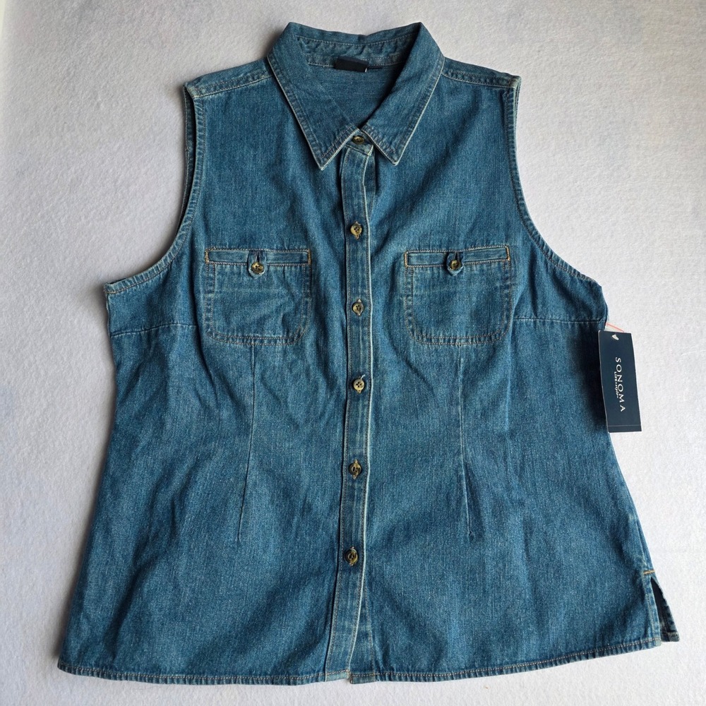 Sonoma Womens Lg Cotton Blue Denim Sleeveless Button‎ Up Shirt Vest Gilet NWT